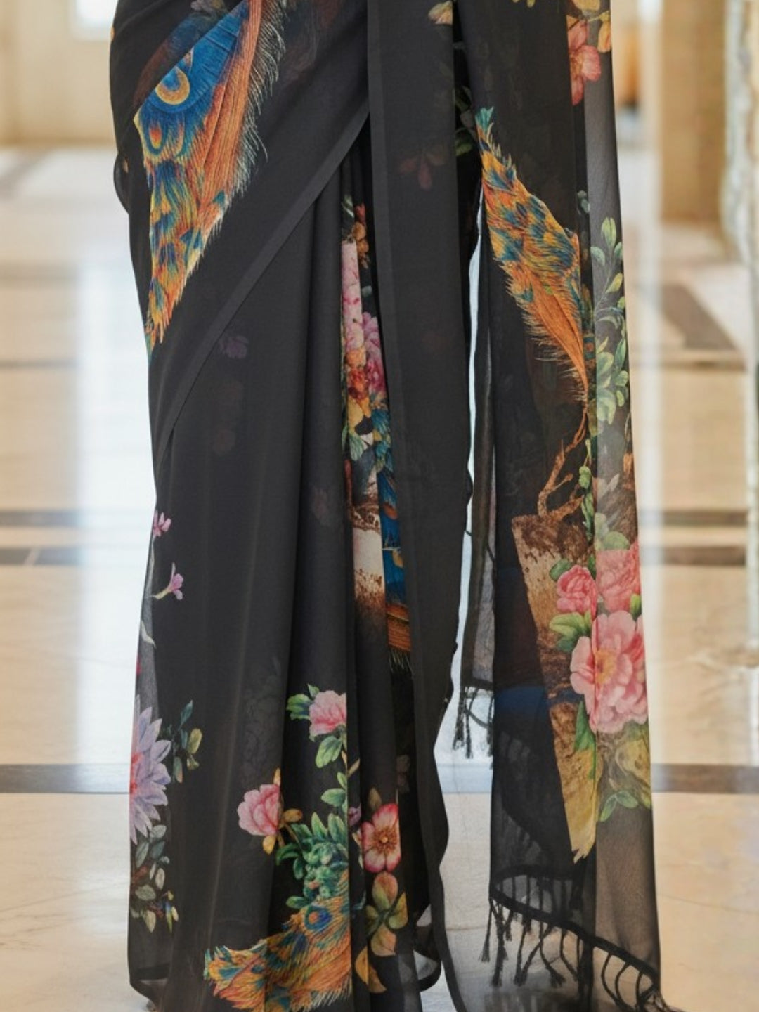 Black Georgette Saree For Women | Digital Print Daily Wear Saree