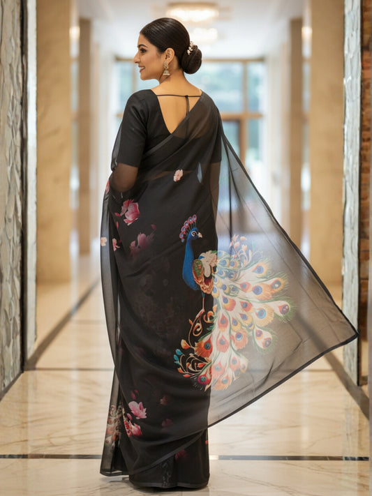 Black Georgette Saree For Women | Digital Print Daily Wear Saree