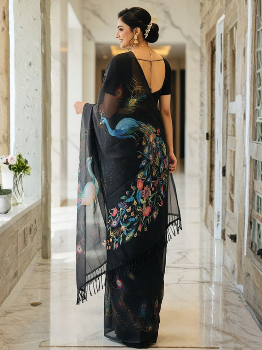 Black Georgette Saree For Women | Digital Print Daily Wear Saree