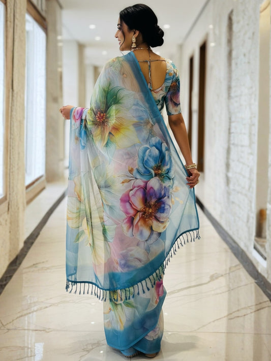 Blue Georgette Saree For Women | Digital Print Daily Wear Saree