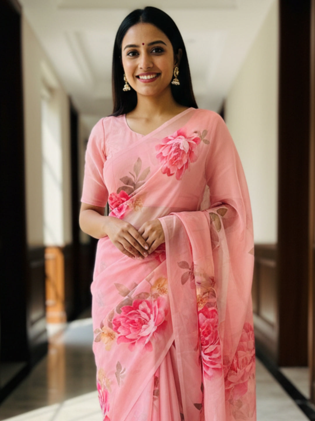Pink Georgette Saree For Women | Digital Print Daily Wear Saree