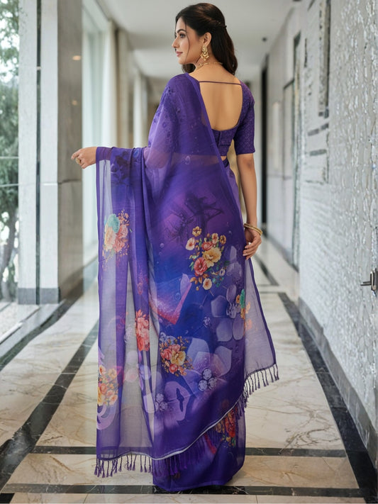 Blue Georgette Saree For Women | Digital Print Daily Wear Saree
