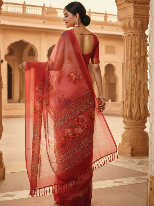 Orange Georgette Saree For Women | Digital Print Daily Wear Saree