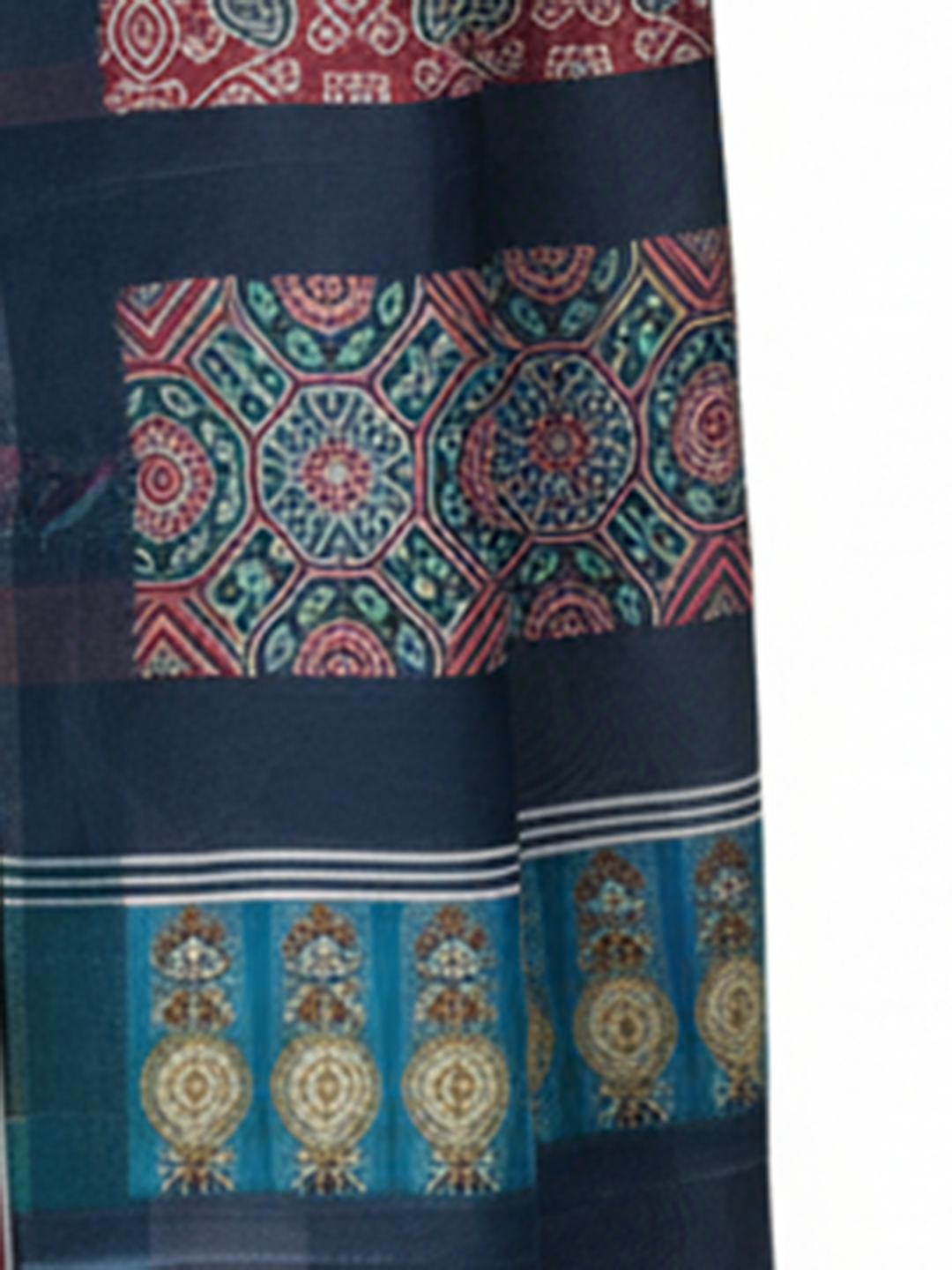 Zamuna Women Dark Blue Satin Crepe Geometric Digital Print Saree – Sophisticated Style with Modern Edge