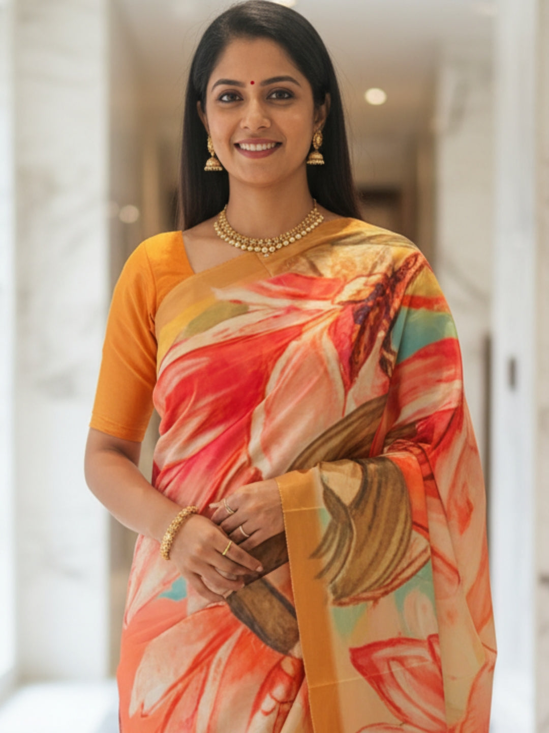 Zamuna Women Orange, Golden & Blue Satin Crepe Floral Digital Print Saree