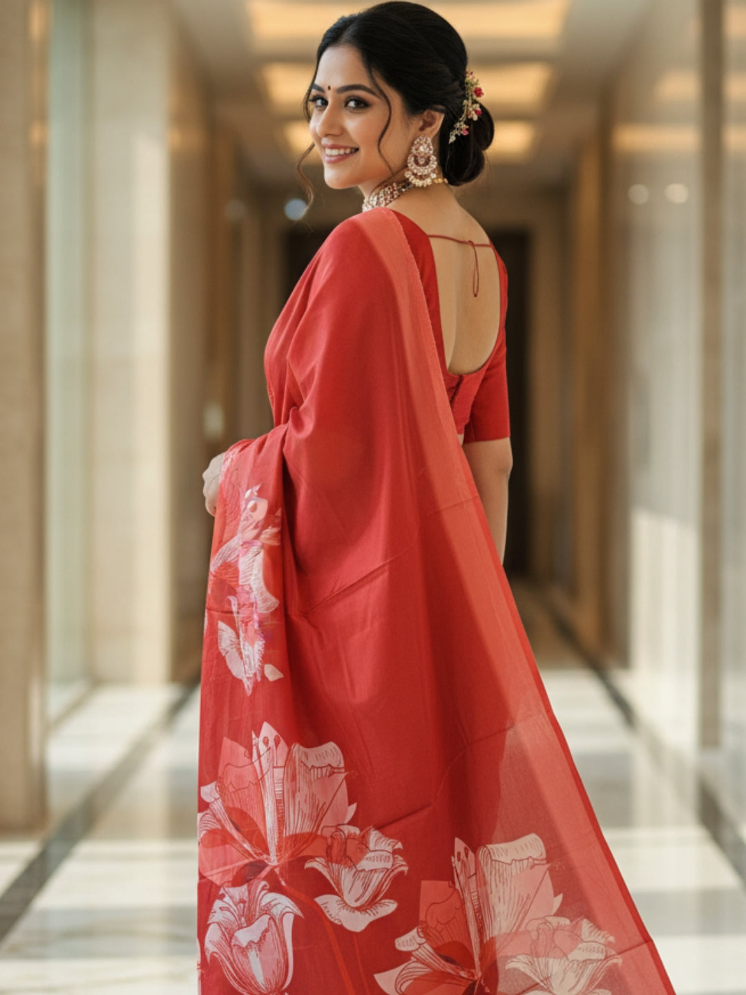 Zamuna Women Red Satin Crepe Floral Digital Print Saree – Timeless Elegance in Every Drape