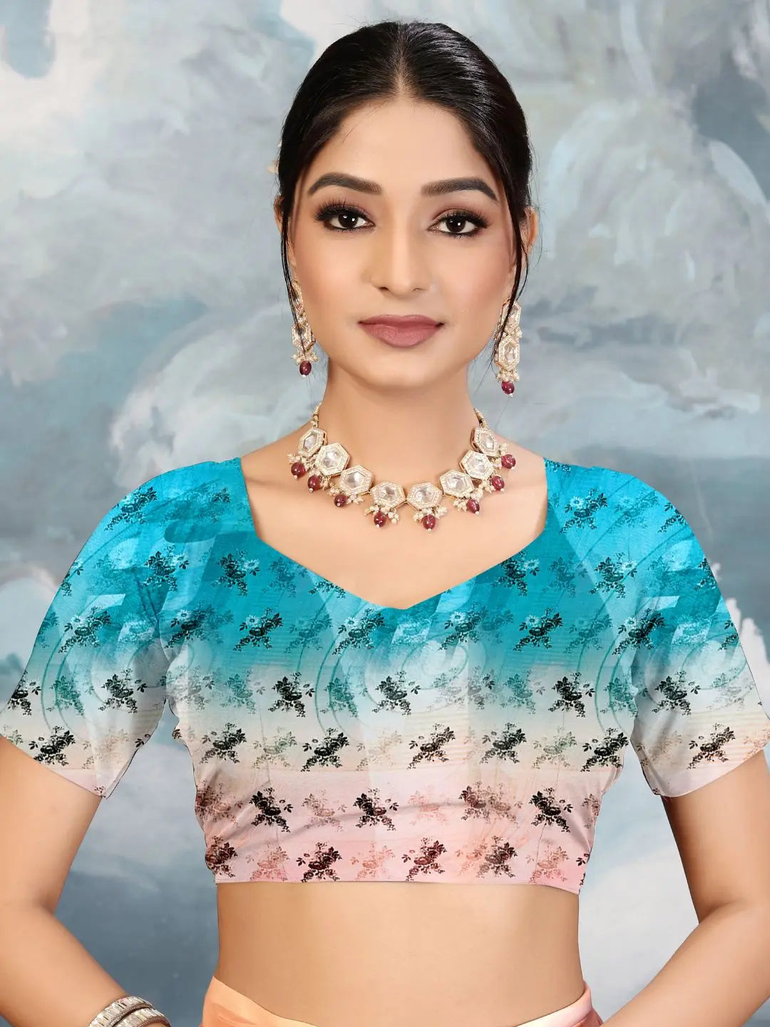 ZAMUNA Blue Georgette Floral Digital Print Saree with Blouse Piece – Stunning Evening & Celebration Wear