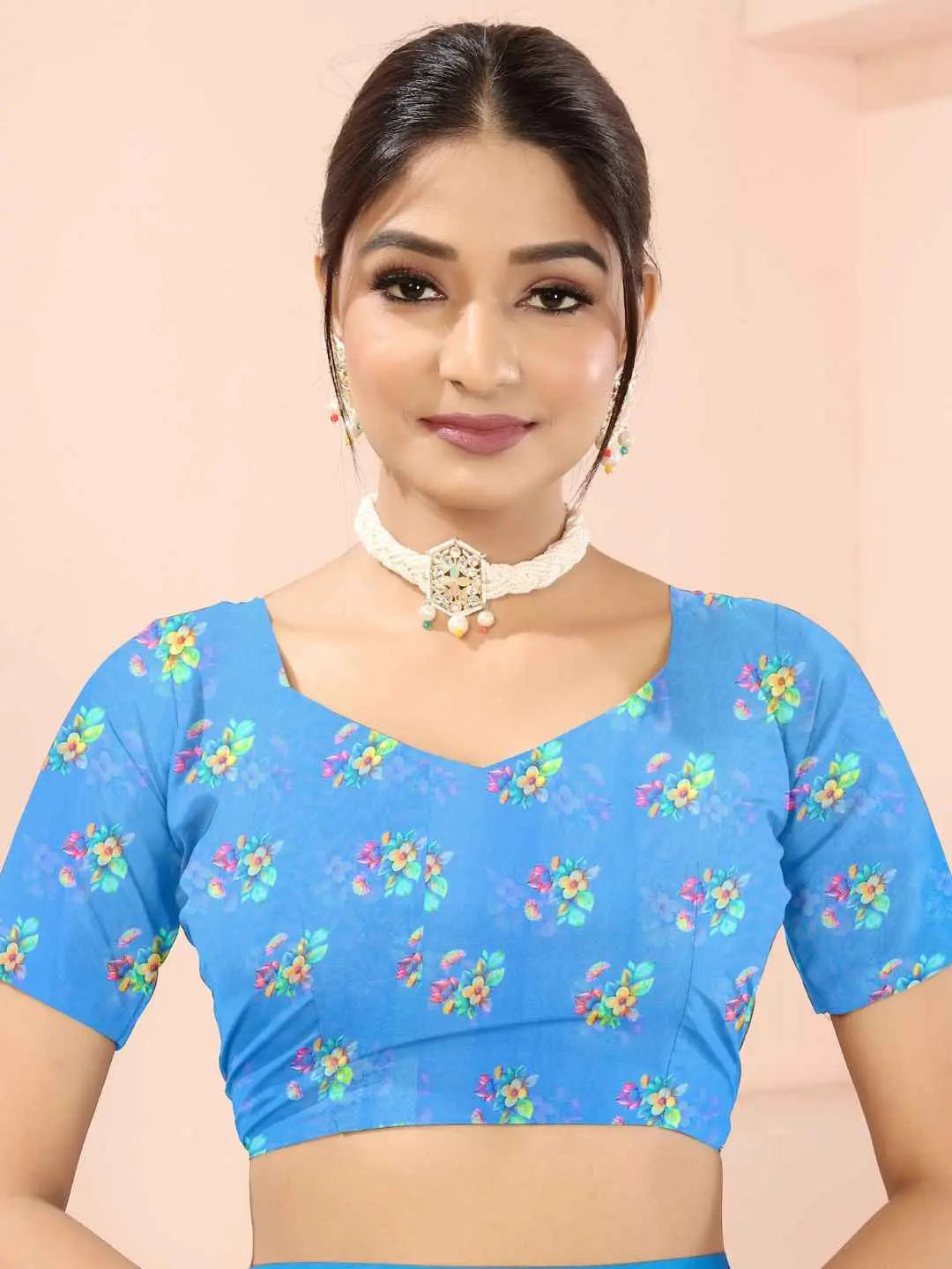 ZAMUNA Blue Georgette Floral Digital Print Saree with Blouse Piece – Timeless Festive & Wedding Wear