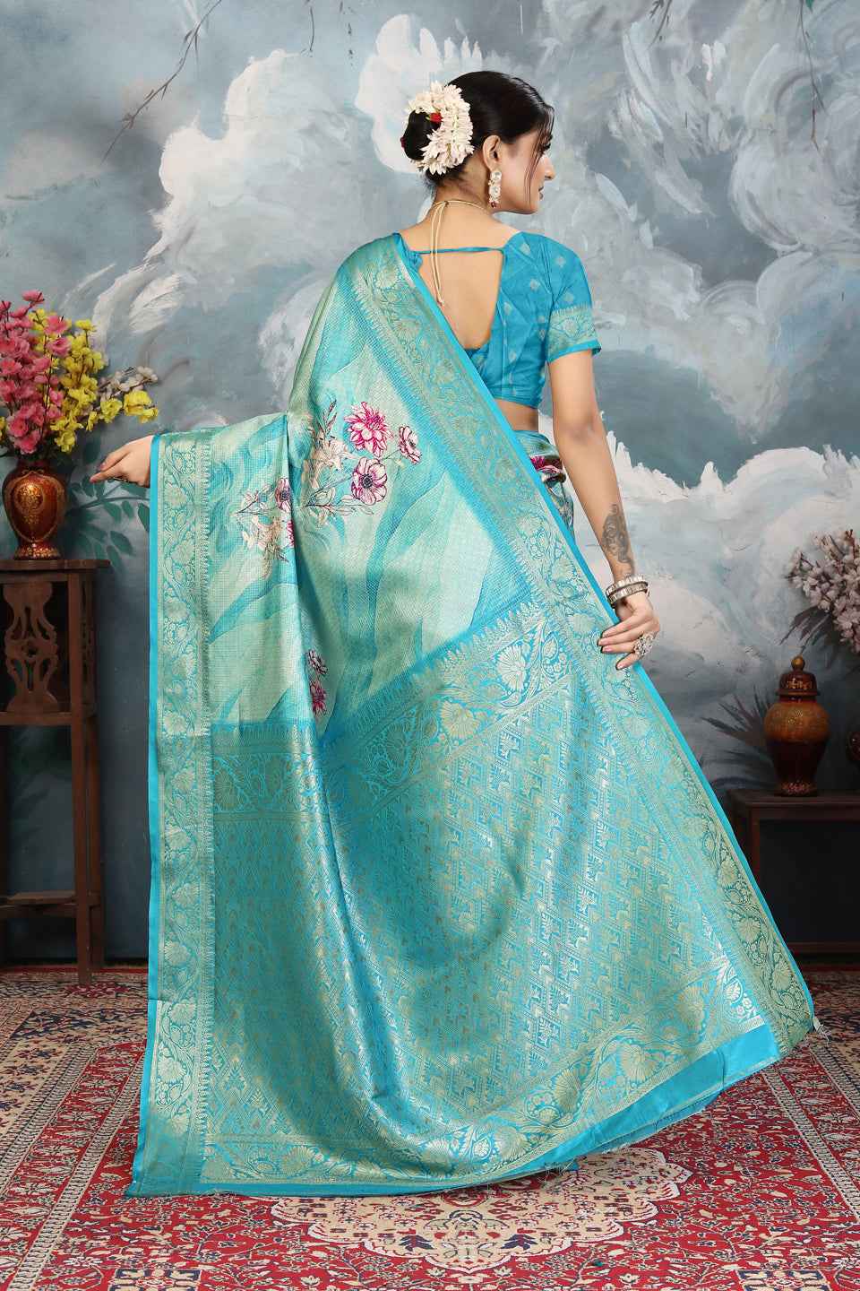 ZAMUNA Blue Silk Kanjivaram Digital Print Saree with Blouse Piece – Royal Wedding & Festive Wear