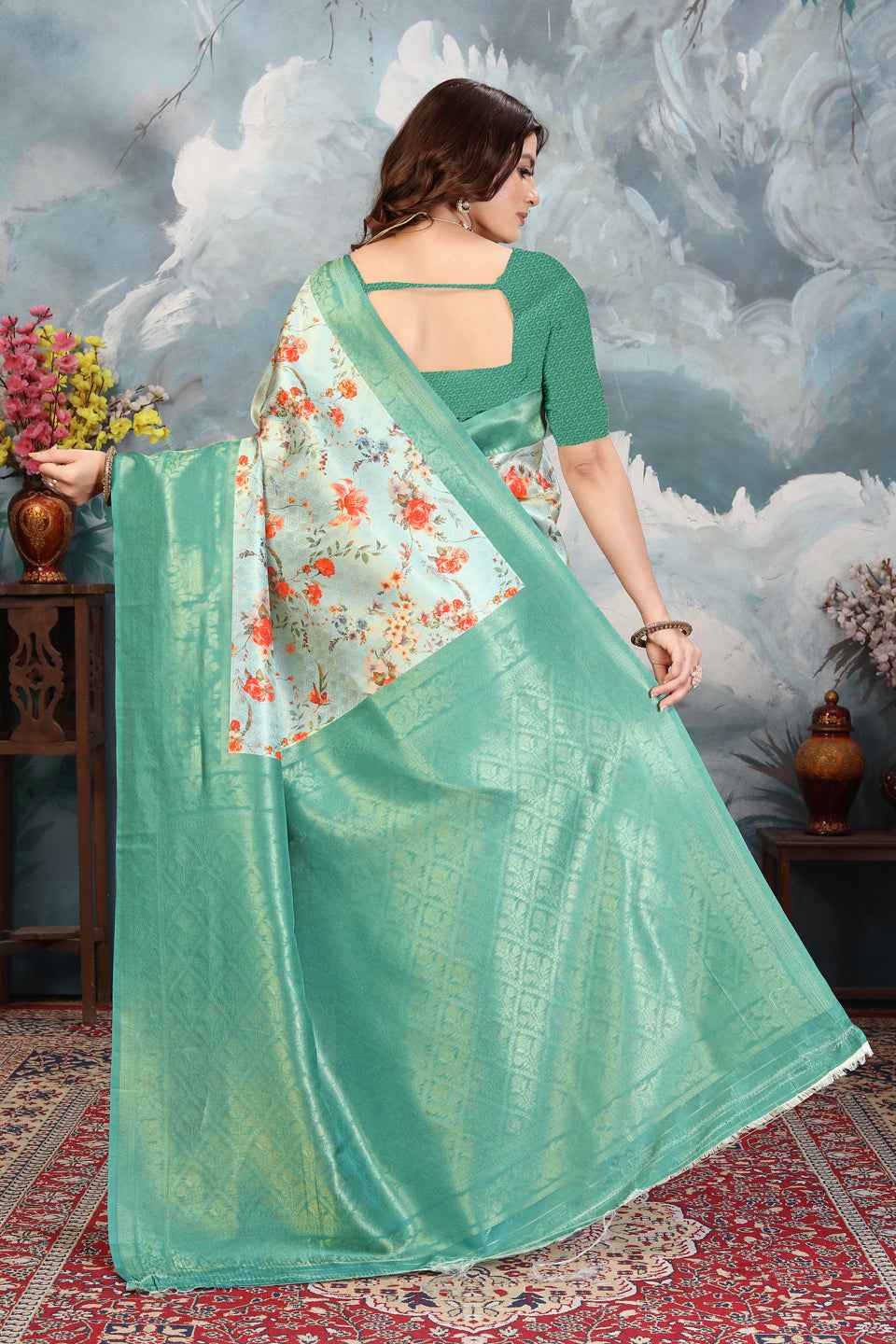 ZAMUNA Blue Silk Woven Digital Print Saree with Blouse Piece – Royal Party & Wedding Wear