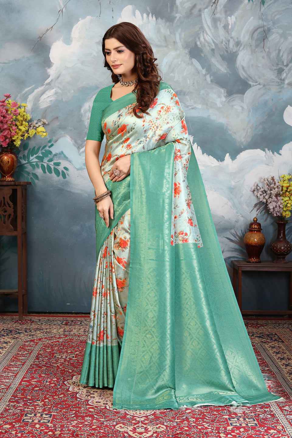 ZAMUNA Blue Silk Woven Digital Print Saree with Blouse Piece – Royal Party & Wedding Wear
