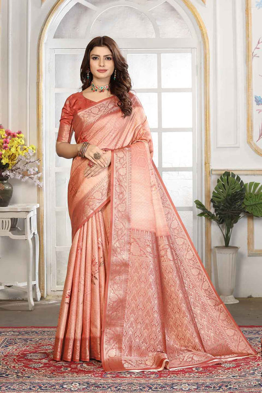 ZAMUNA Brown Silk Kanjivaram Digital Print Saree with Blouse Piece – Heritage Wedding Saree