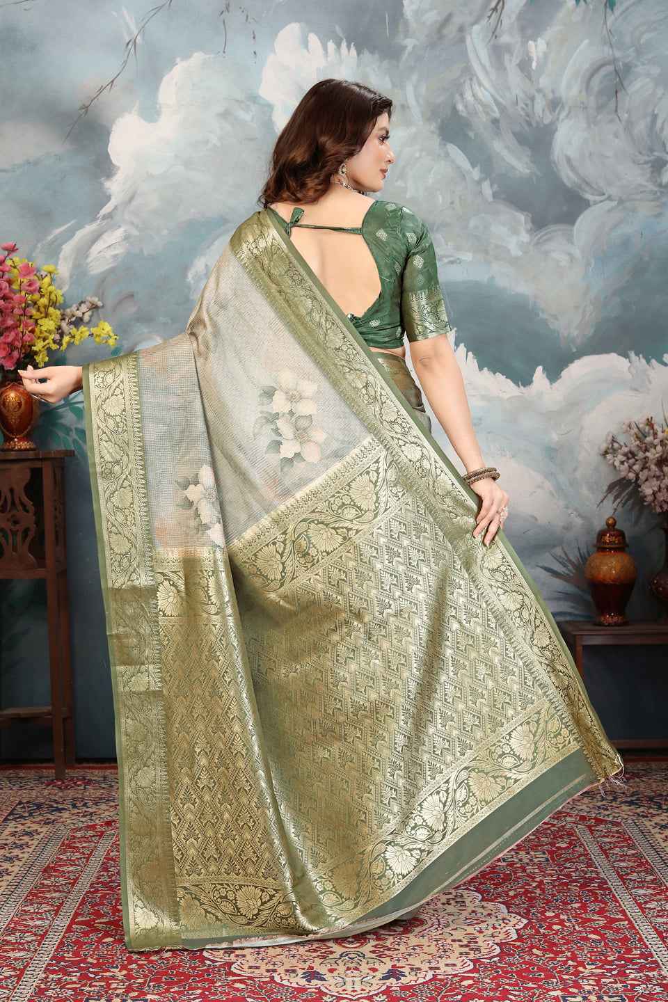 ZAMUNA Green Silk Kanjivaram Digital Print Saree with Blouse Piece – Regal Festive & Bridal Wear