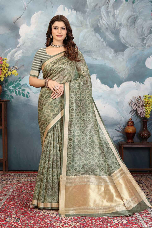 ZAMUNA Green Tissue Woven Floral Digital Print Saree with Blouse Piece – Fresh Wedding & Festive Saree