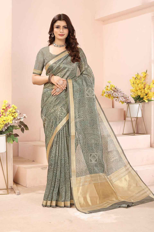 ZAMUNA Green Tissue Woven Floral Digital Print Saree with Blouse Piece – Vibrant Party & Festive Look
