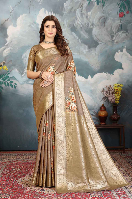 ZAMUNA Grey Silk Kanjivaram Digital Print Saree with Blouse Piece – Elegant Reception & Festive Saree