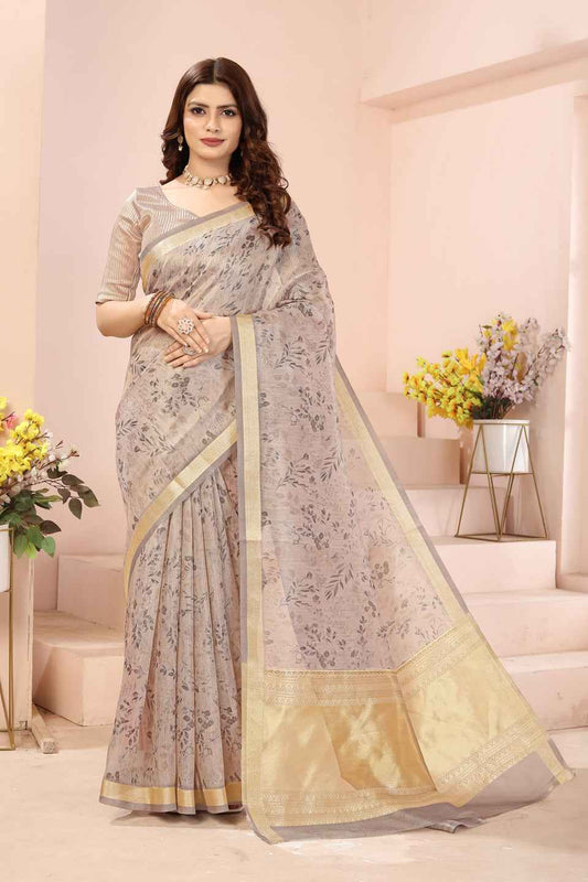 ZAMUNA Grey Tissue Woven Floral Digital Print Saree with Blouse Piece – Elegant Wedding Reception Saree