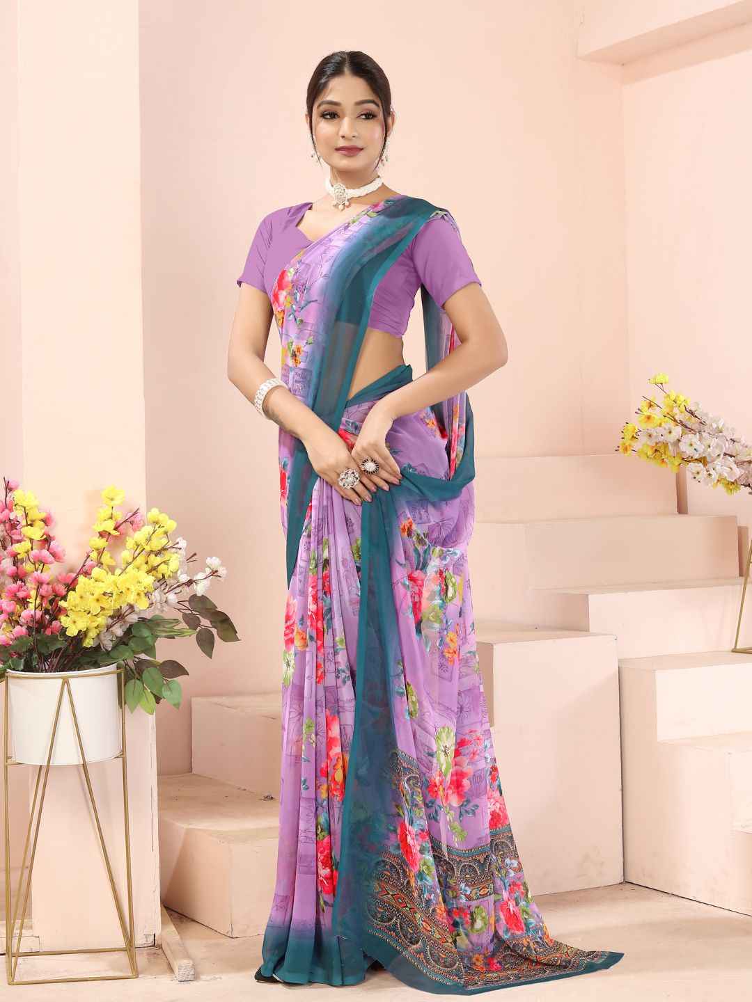 ZAMUNA Lavender Georgette Floral Digital Print Saree with Blouse Piece – Soft Pastel Festive Saree