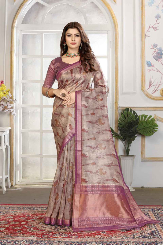 ZAMUNA Lavender Tissue Woven Floral Digital Print Saree with Blouse Piece – Soft & Elegant Festive Wear