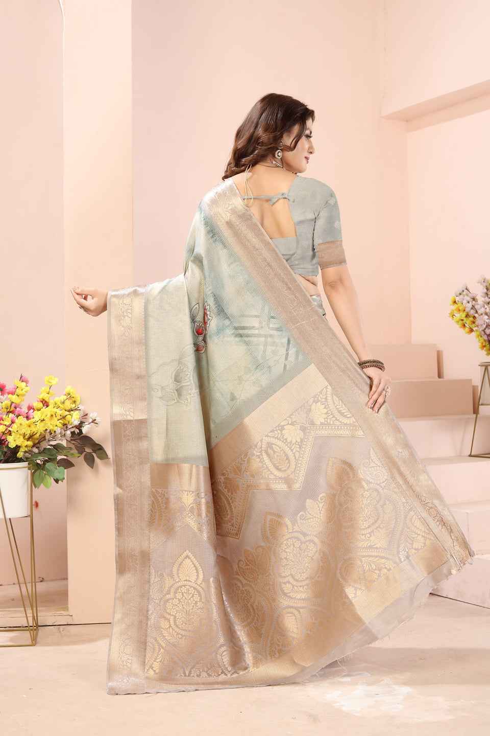 ZAMUNA Light Blue Silk Kanjivaram Digital Print Saree with Blouse Piece – Pastel Wedding & Festive Wear