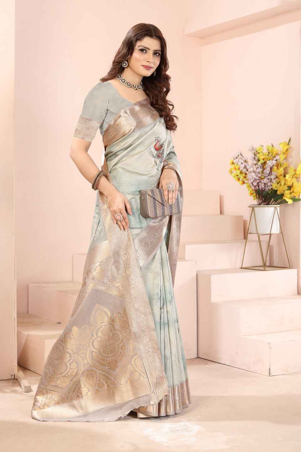 ZAMUNA Light Blue Silk Kanjivaram Digital Print Saree with Blouse Piece – Pastel Wedding & Festive Wear