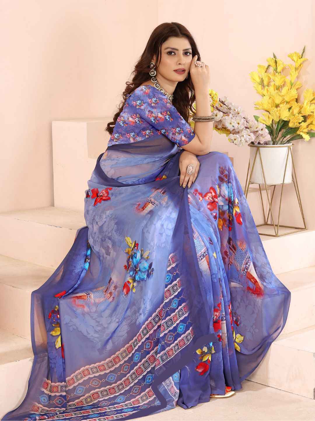 ZAMUNA Navy Georgette Floral Digital Print Saree with Blouse Piece – Classic Wedding & Reception Wear