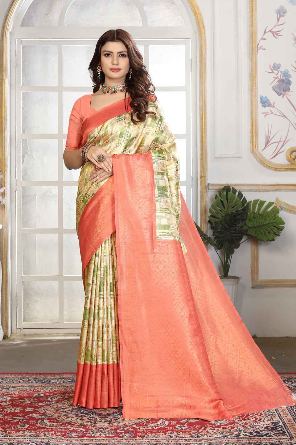 ZAMUNA Orange Silk Woven Digital Print Saree with Blouse Piece – Bright & Festive Party Saree