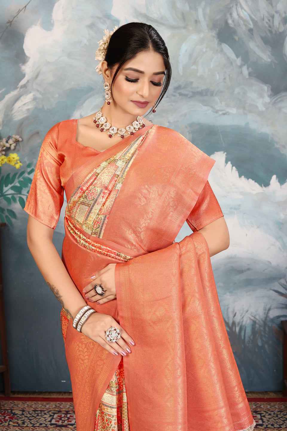 ZAMUNA Orange Silk Woven Digital Print Saree with Blouse Piece – Vibrant Party & Celebration Saree