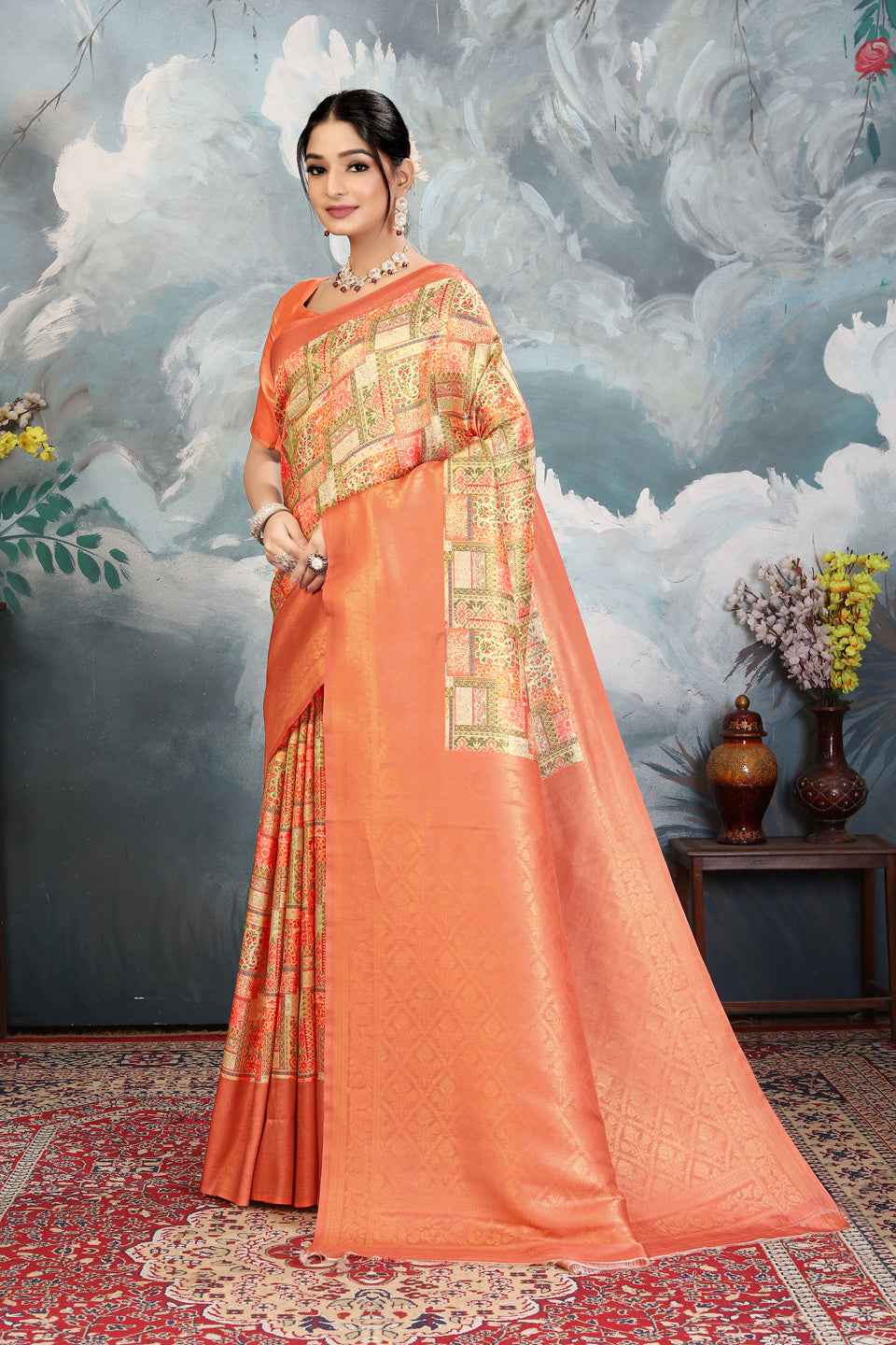 ZAMUNA Orange Silk Woven Digital Print Saree with Blouse Piece – Vibrant Party & Celebration Saree