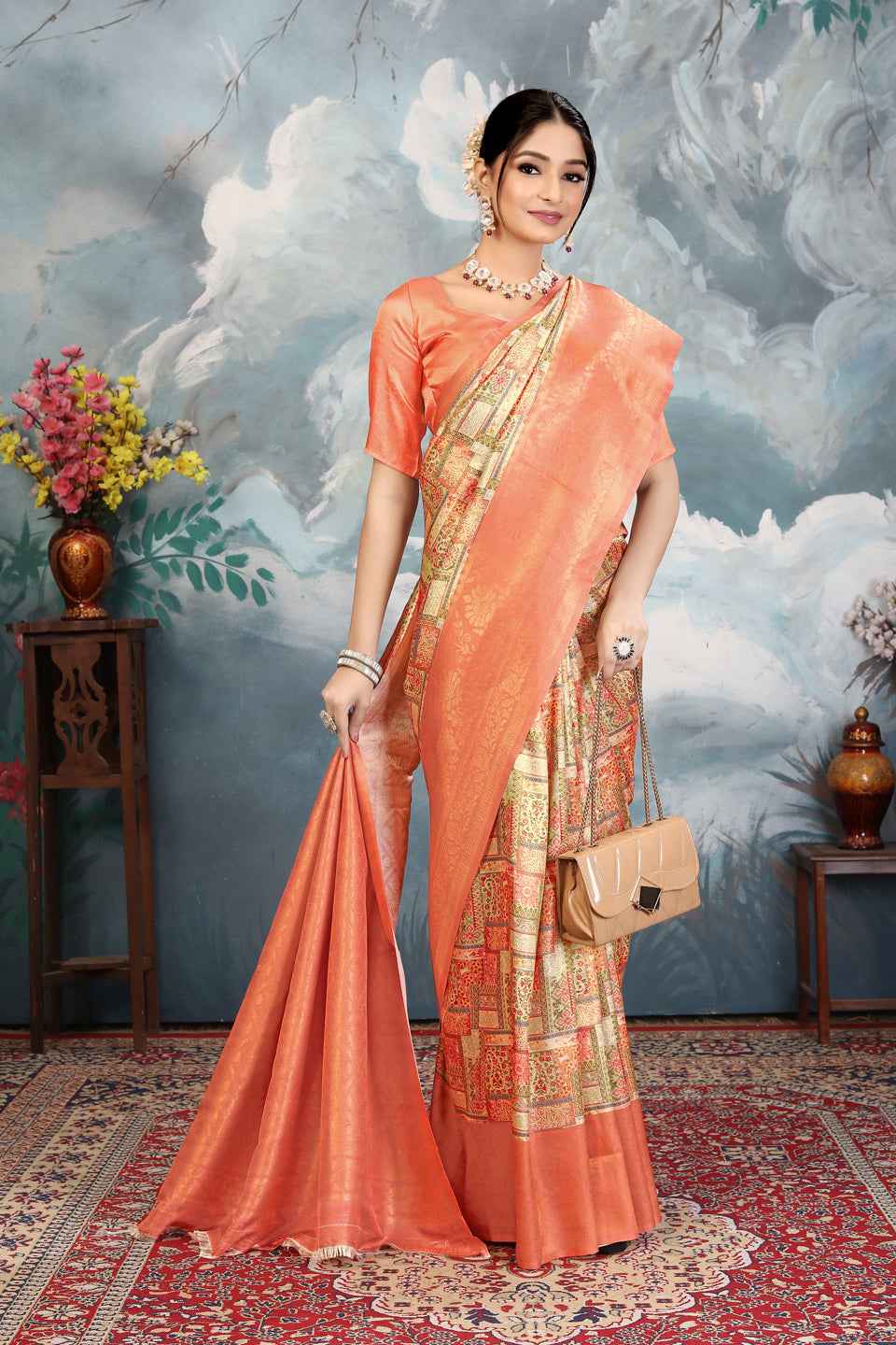 ZAMUNA Orange Silk Woven Digital Print Saree with Blouse Piece – Vibrant Party & Celebration Saree