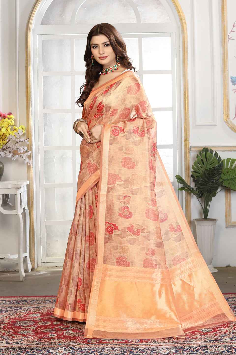 ZAMUNA Orange Tissue Woven Floral Digital Print Saree with Blouse Piece – Festive & Bridal Elegance