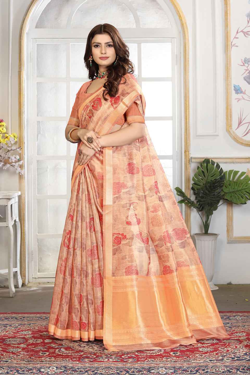 ZAMUNA Orange Tissue Woven Floral Digital Print Saree with Blouse Piece – Festive & Bridal Elegance