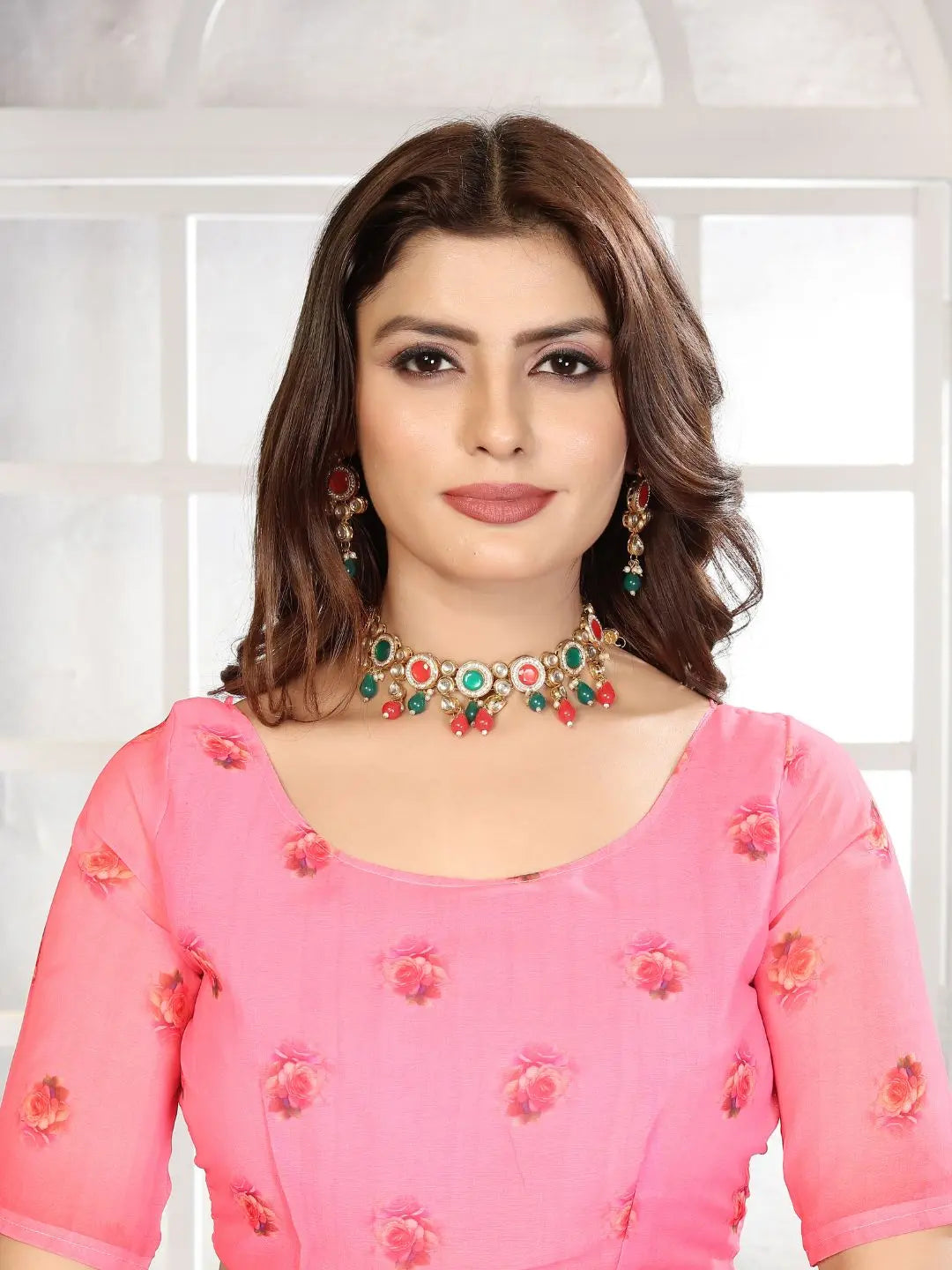 ZAMUNA Pink Georgette Floral Digital Print Saree with Blouse Piece – Elegant Bridal & Festive Choice