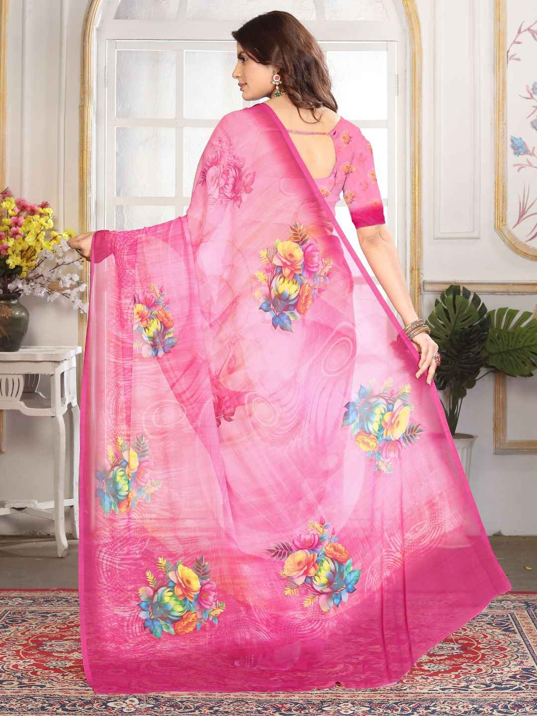 ZAMUNA Pink Georgette Floral Digital Print Saree with Blouse Piece – Elegant Festive & Bridal Saree