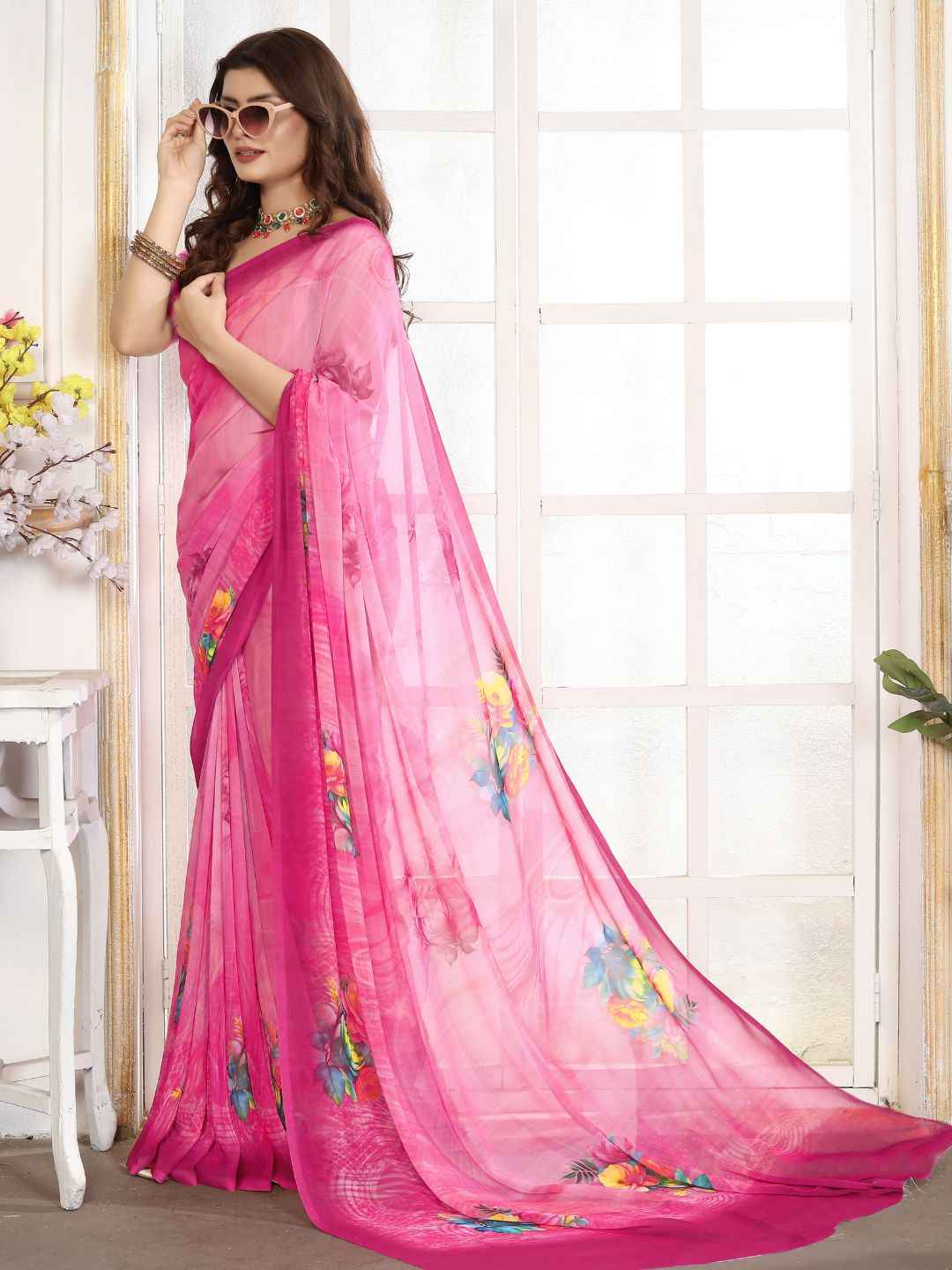 ZAMUNA Pink Georgette Floral Digital Print Saree with Blouse Piece – Elegant Festive & Bridal Saree