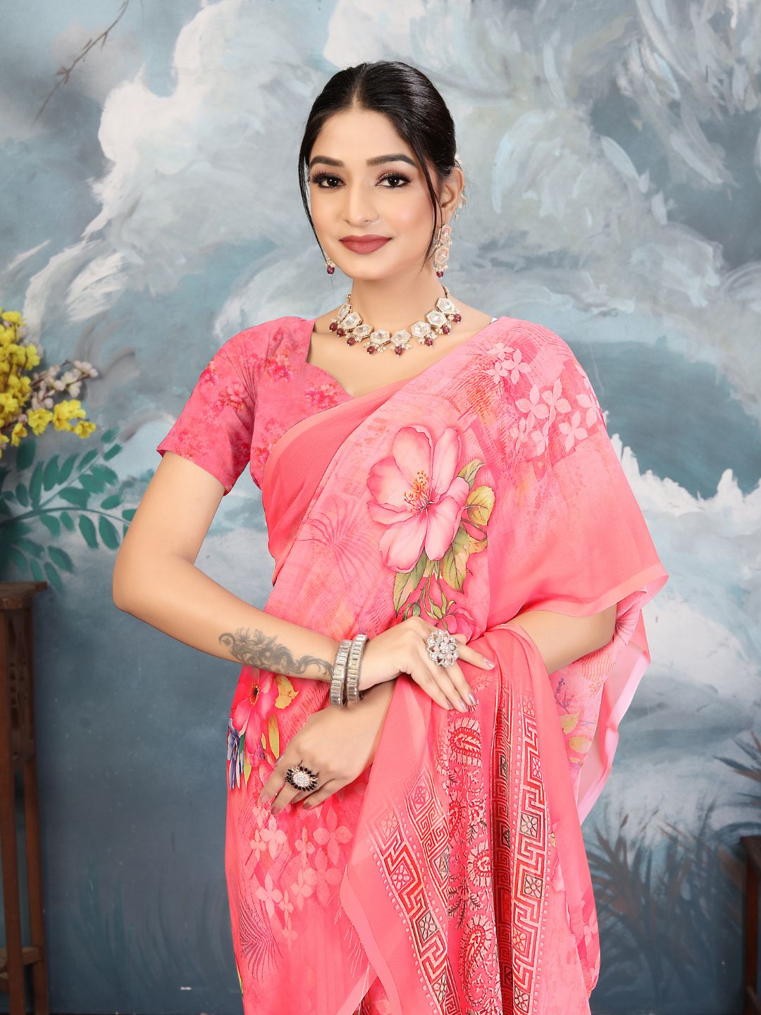 ZAMUNA Pink Georgette Floral Digital Print Saree with Blouse Piece – Graceful Party & Festive Look