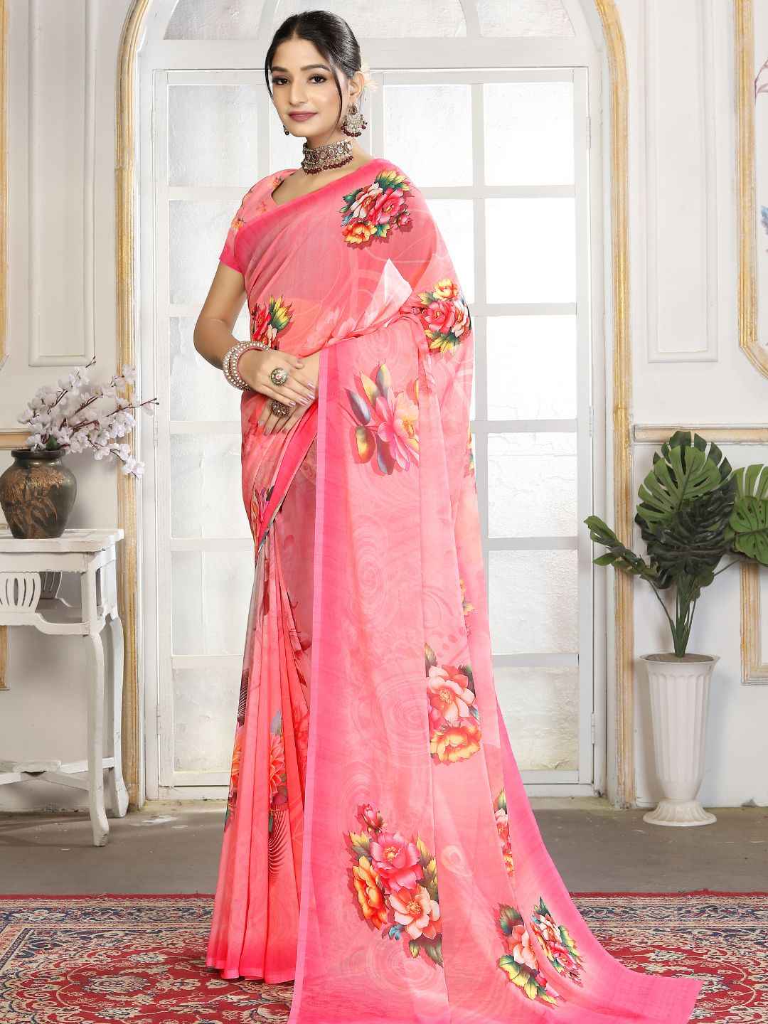 ZAMUNA Pink Georgette Floral Digital Print Saree with Blouse Piece – Romantic Wedding & Party Look
