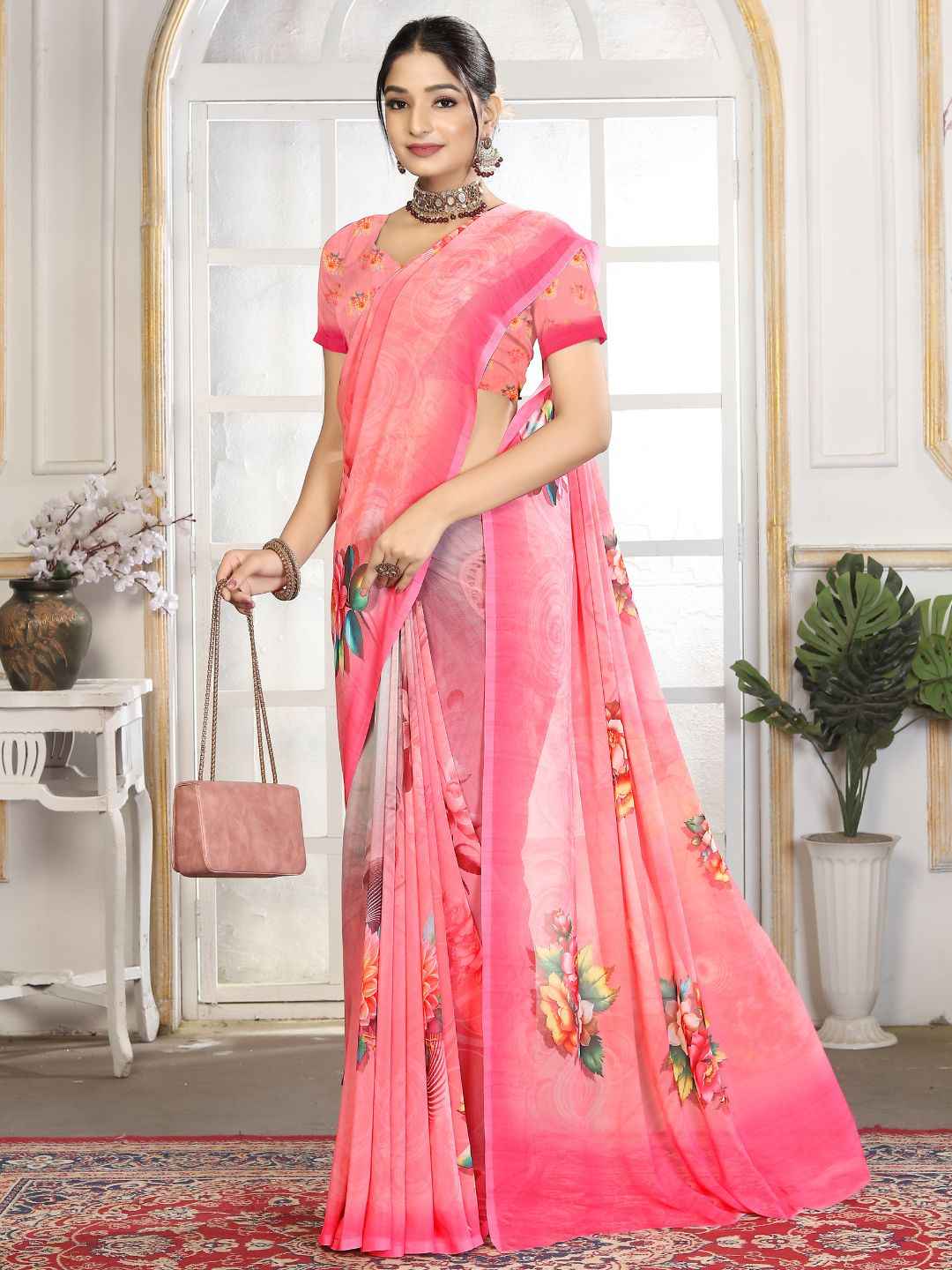 ZAMUNA Pink Georgette Floral Digital Print Saree with Blouse Piece – Romantic Wedding & Party Look