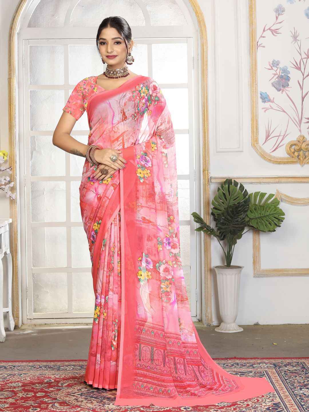 ZAMUNA Red Georgette Floral Digital Print Saree with Blouse Piece – Glamorous Wedding & Party Wear