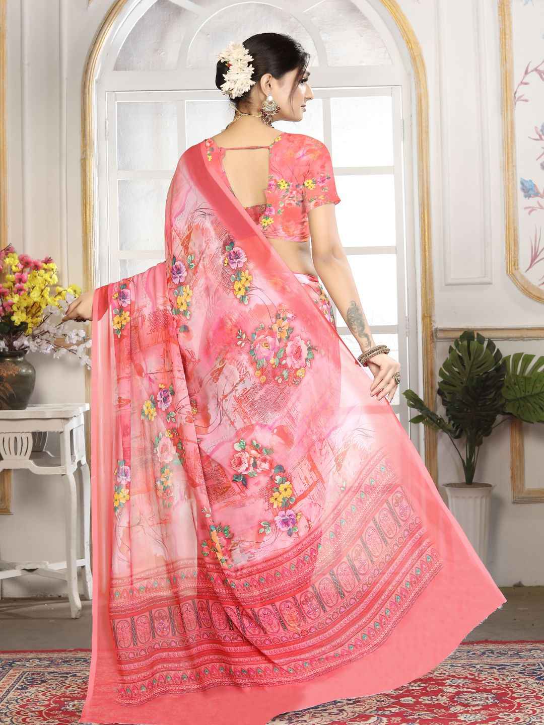 ZAMUNA Red Georgette Floral Digital Print Saree with Blouse Piece – Glamorous Wedding & Party Wear
