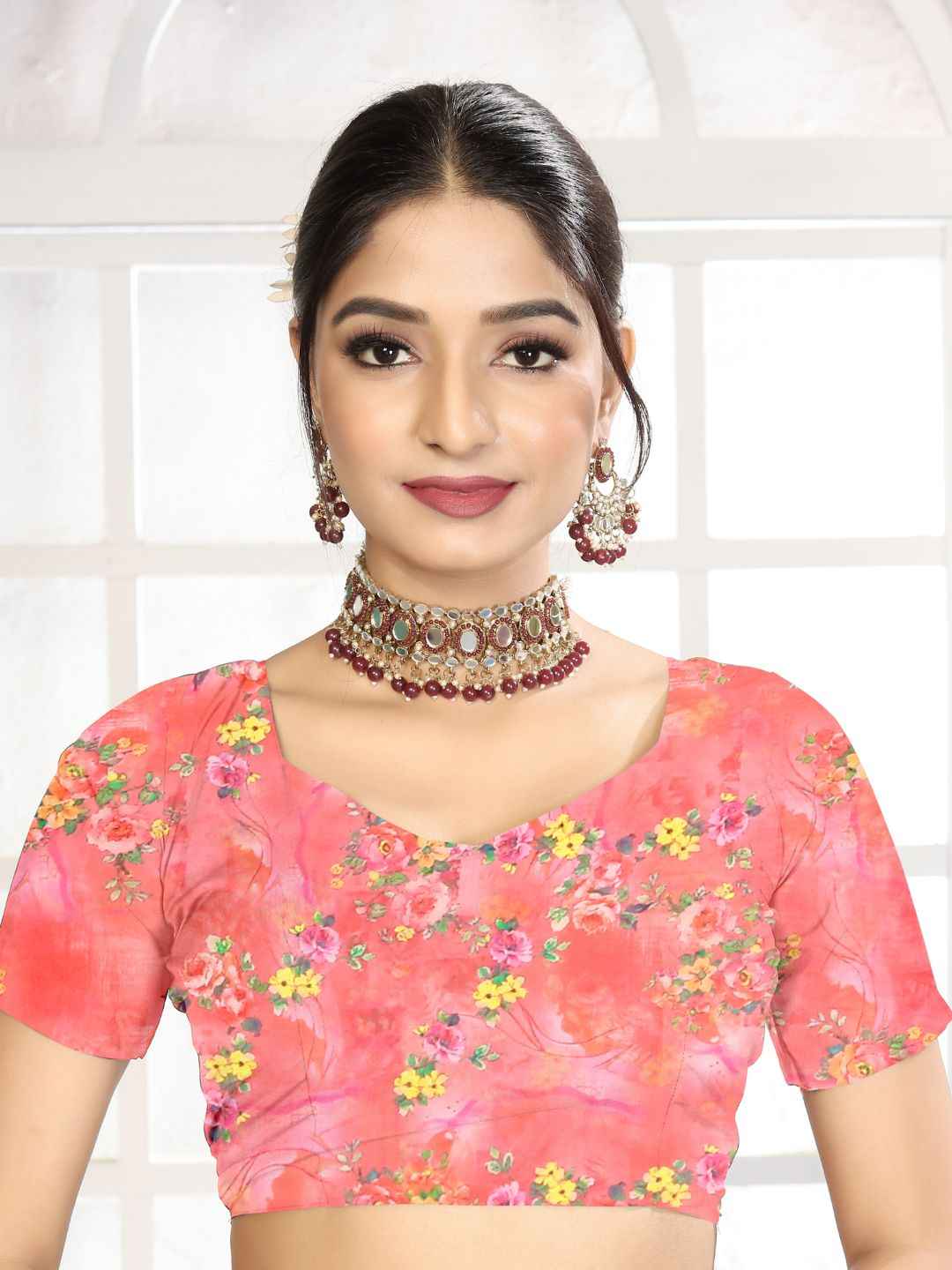 ZAMUNA Red Georgette Floral Digital Print Saree with Blouse Piece – Glamorous Wedding & Party Wear