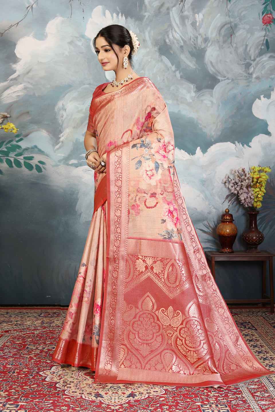 ZAMUNA Red Silk Kanjivaram Digital Print Saree with Blouse Piece – Majestic Wedding Saree