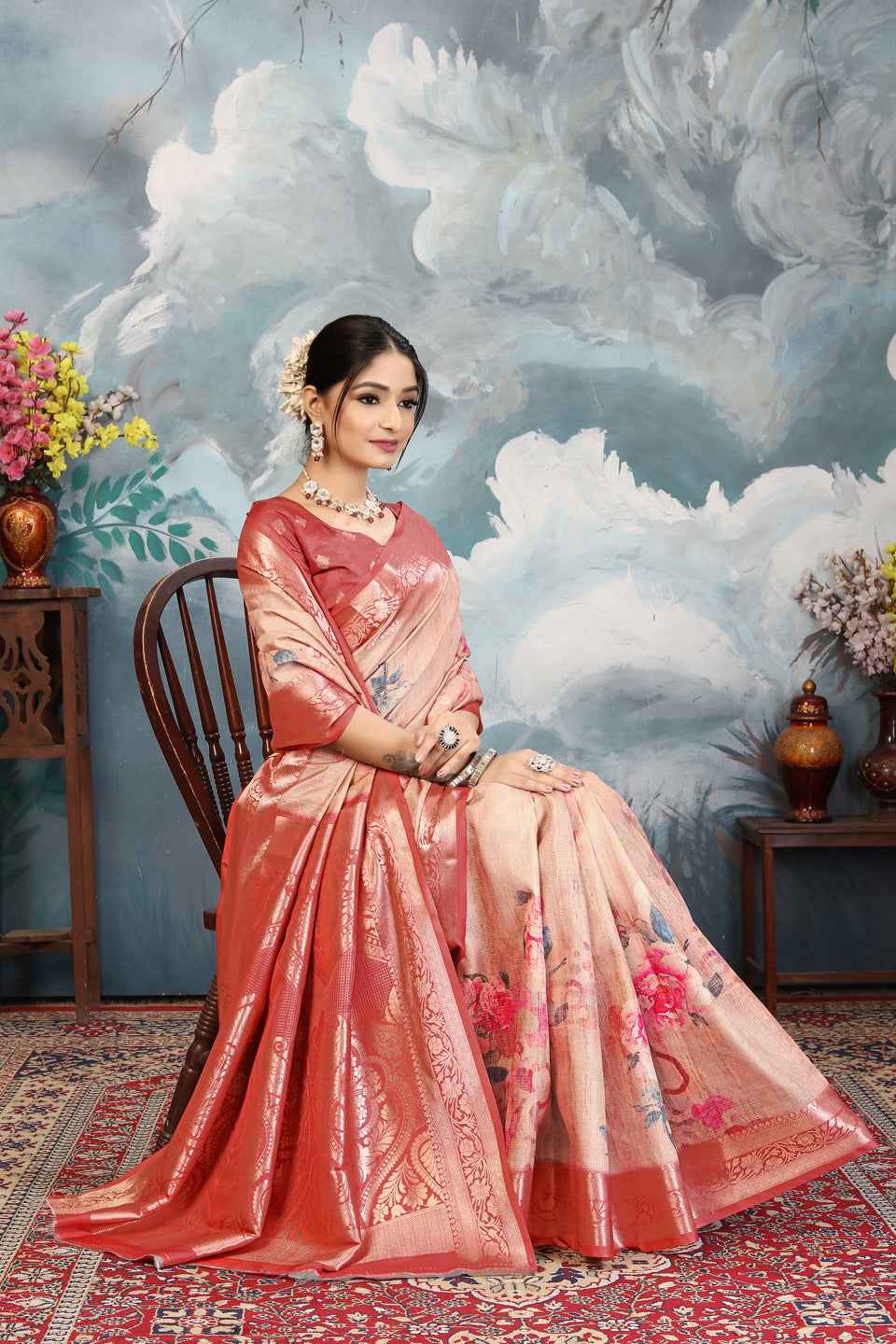 ZAMUNA Red Silk Kanjivaram Digital Print Saree with Blouse Piece – Majestic Wedding Saree