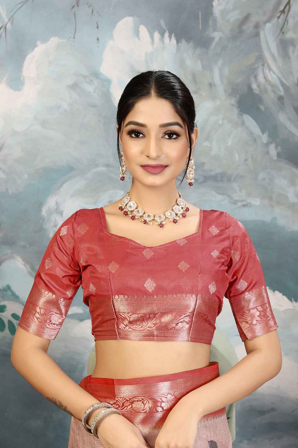 ZAMUNA Red Silk Kanjivaram Digital Print Saree with Blouse Piece – Majestic Wedding Saree