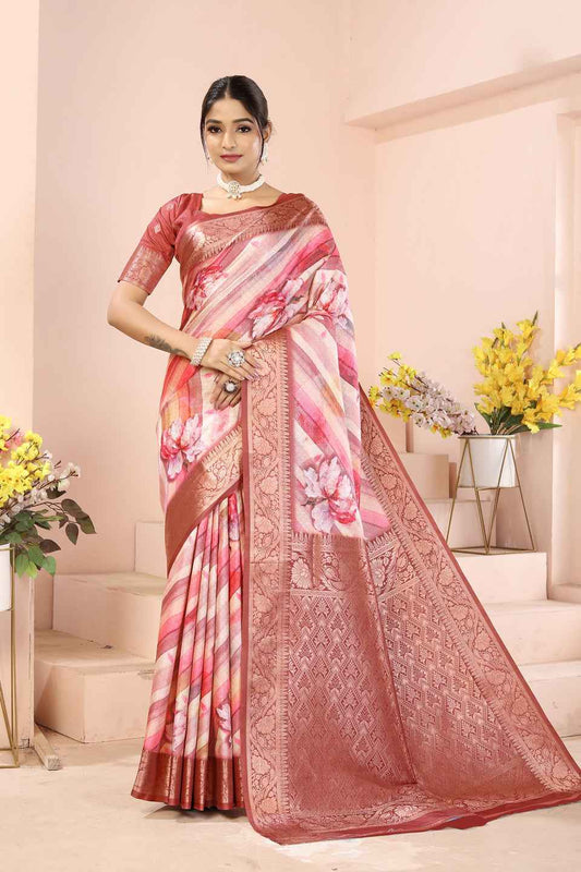 ZAMUNA Red Silk Kanjivaram Digital Print Saree with Blouse Piece – Rich Bridal & Party Wear