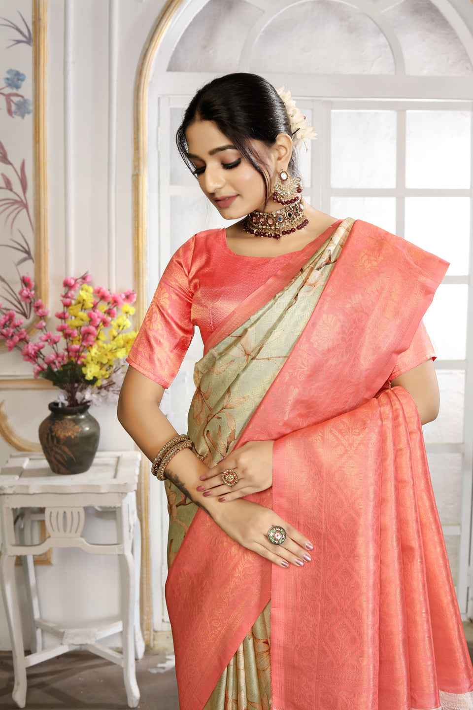 ZAMUNA Red Silk Woven Digital Print Saree with Blouse Piece – Rich Wedding & Festive Look