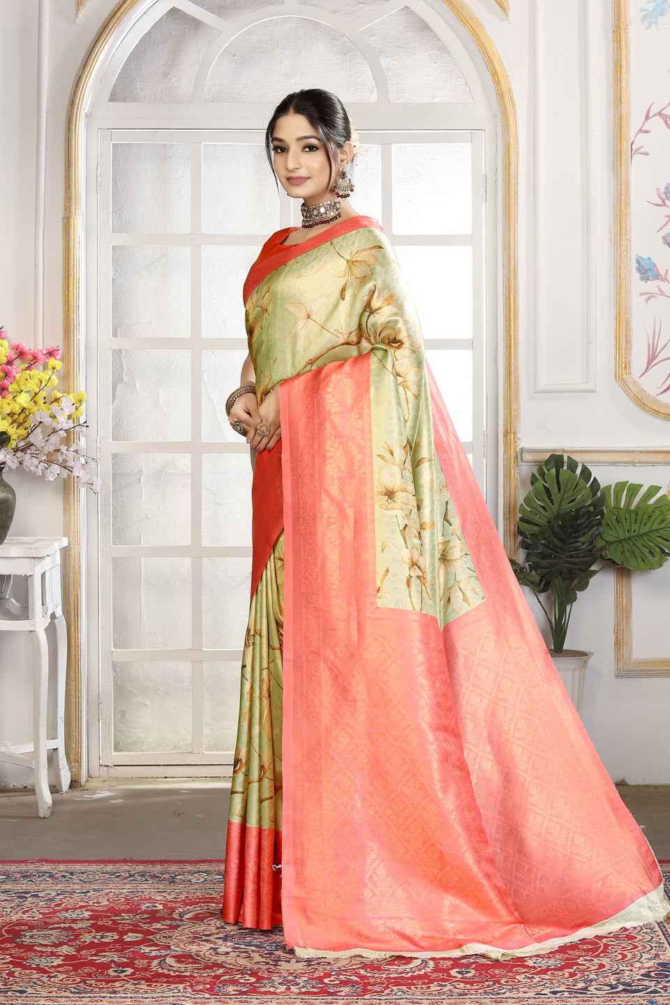 ZAMUNA Red Silk Woven Digital Print Saree with Blouse Piece – Rich Wedding & Festive Look