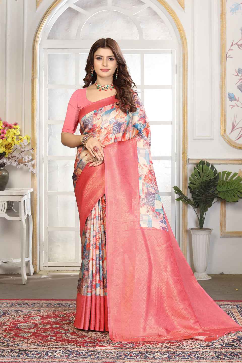 ZAMUNA Red Silk Woven Digital Print Saree with Blouse Piece – Stunning Bridal & Reception Saree