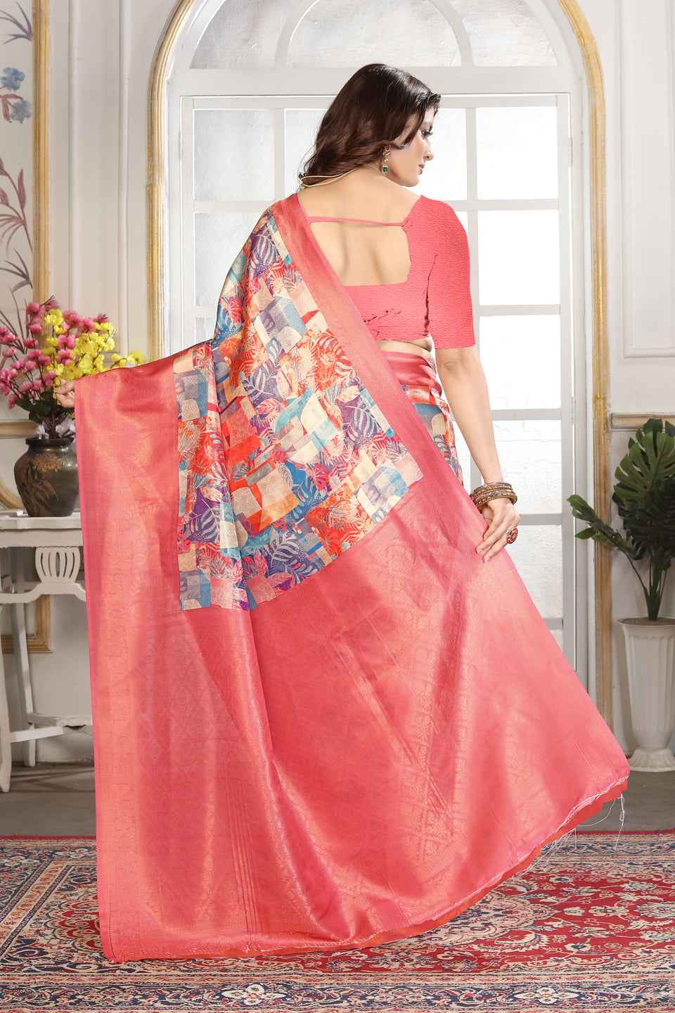 ZAMUNA Red Silk Woven Digital Print Saree with Blouse Piece – Stunning Bridal & Reception Saree