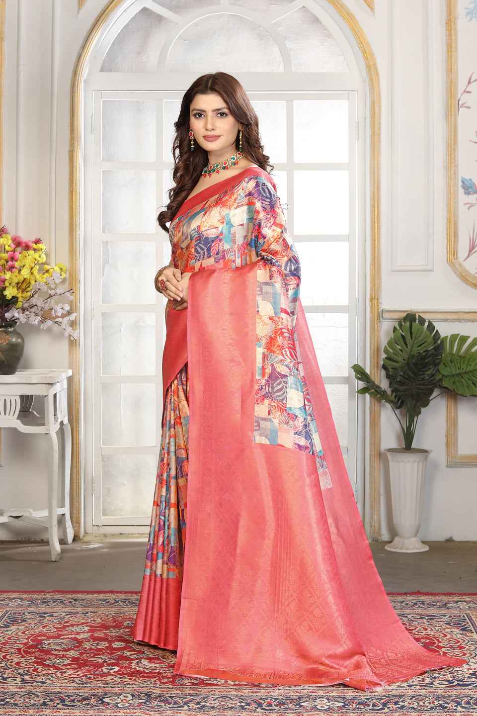 ZAMUNA Red Silk Woven Digital Print Saree with Blouse Piece – Stunning Bridal & Reception Saree